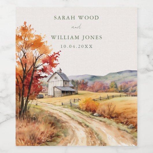 Rustieke herfst boerderij linnen print Trouwwijn L Wijn Etiket (Enkel label)