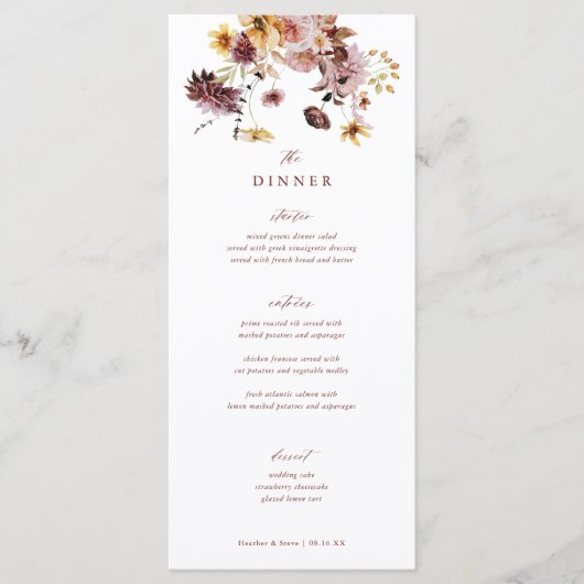 Rustieke herfst boho bloemige trouwdiner menu (Voorkant)