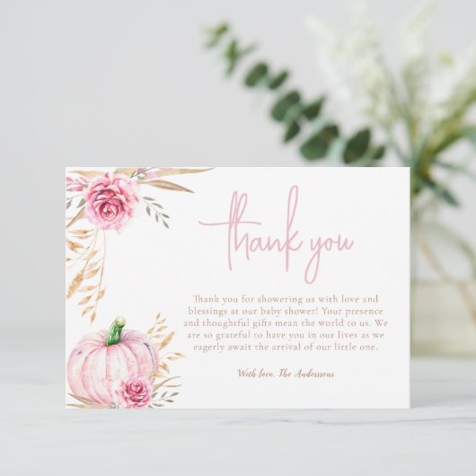 Rustieke herfst boho pompoen baby meisje douche bedankkaart (Staand voorkant)