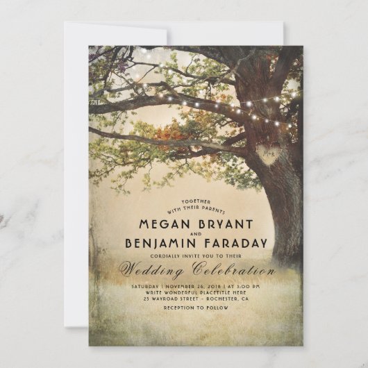 rustieke Herfst boomsnaar van Lichten Bruiloft Kaart (Voorkant)