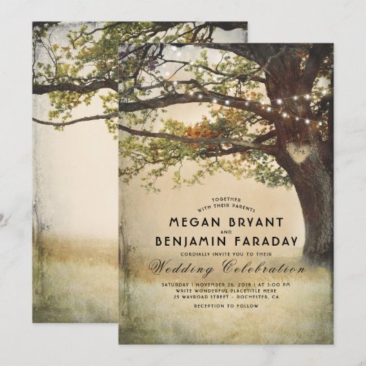 rustieke Herfst boomsnaar van Lichten Bruiloft Kaart (Voorkant / Achterkant)