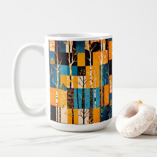 Rustieke herfst bos boom patchwork quiltpatroon koffiemok (Met donut)