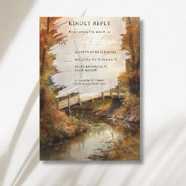 Rustieke herfst bosbrug trouwdag RSVP kaartje