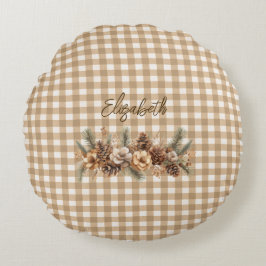 Rustieke Herfst Botanische Brown Gingham gepersona Rond Kussen