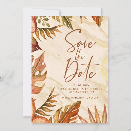 Rustieke Herfst Botanische Marmer Save the Date Ka Aankondiging (Voorkant)