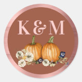 Rustieke herfst botanische pompoen bruiloft monogr ronde sticker (Voorkant)