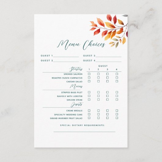Rustieke herfst bruiloft menu keuze Kaart (Voorkant)