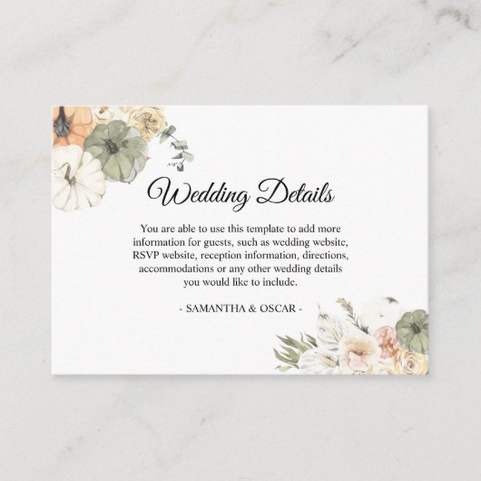 Rustieke herfst bruiloft Waterverf Pompoen Informatiekaartje (Voorkant)