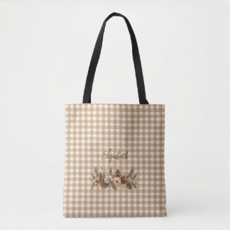 Rustieke herfst dennenappels bruin geruit geperson tote bag