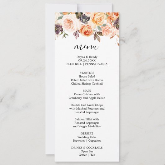 Rustieke herfst Elegant bloemendiner menu Kaart (Voorkant)