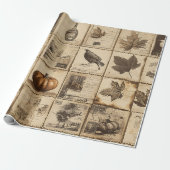 Rustieke herfst Ephemera Collage | Warm aards (2) Cadeaupapier (Uitgerold)