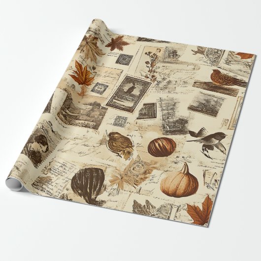 Rustieke herfst Ephemera Collage | warm aards Cadeaupapier (Uitgerold)
