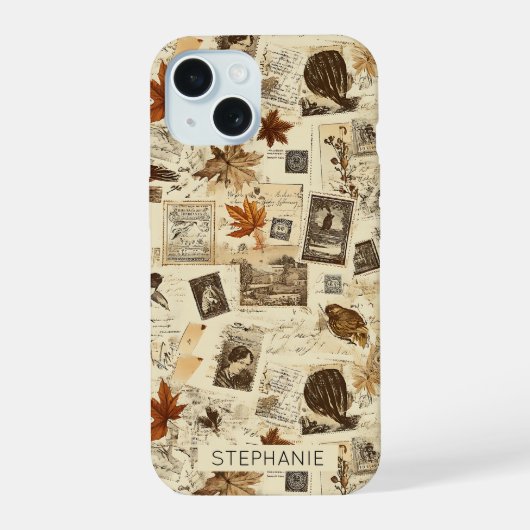 Rustieke herfst Ephemera Collage | warm aards iPhone 15 Case (Achterkant)