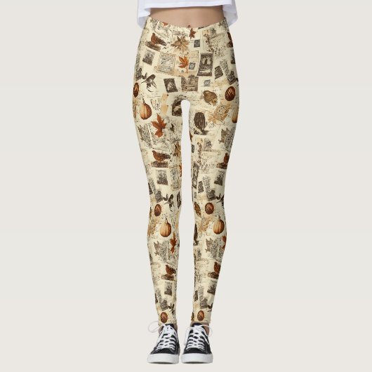 Rustieke herfst Ephemera Collage | warm aards Leggings (Voorkant)