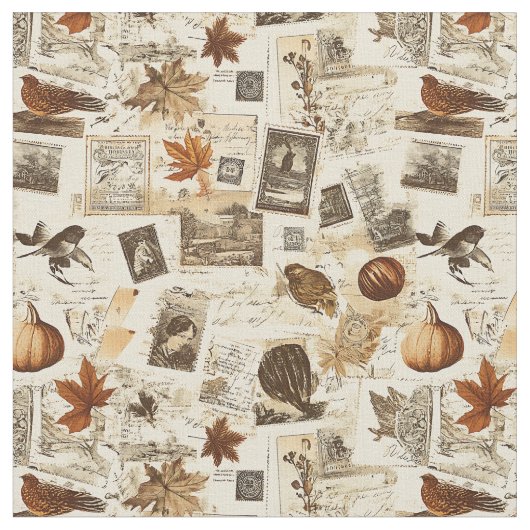 Rustieke herfst Ephemera Collage | warm aards Stof (Close Up)