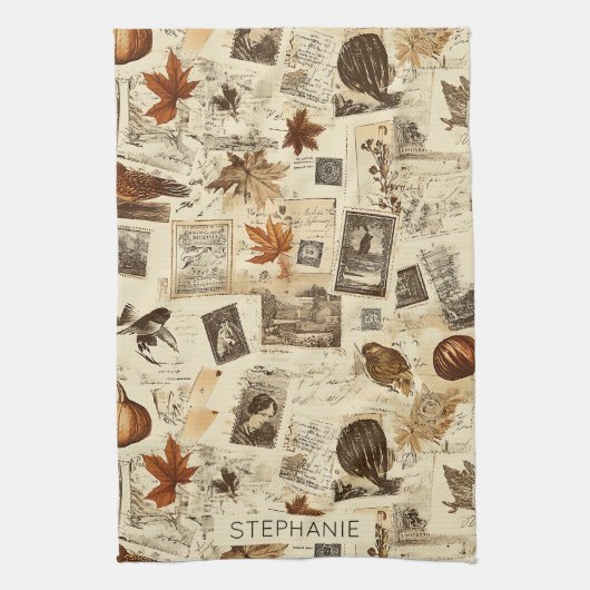 Rustieke herfst Ephemera Collage | warm aards Theedoek (Verticaal)