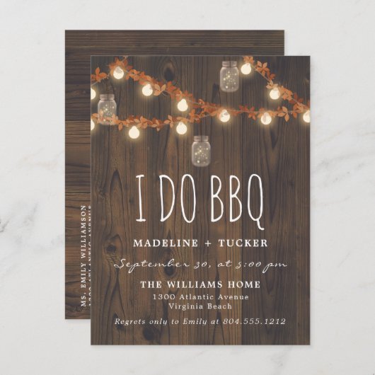 Rustieke Herfst Fairy Lights and Leaves I Do BBQ Aankondigingskaart (Voorkant / Achterkant)