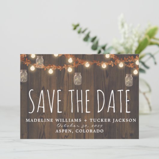 Rustieke Herfst Fairy Lights and Leaves Save the D Aankondiging (Staand voorkant)