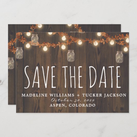 Rustieke Herfst Fairy Lights and Leaves Save the D Aankondiging (Voorkant / Achterkant)