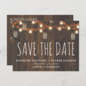 Rustieke Herfst Fairy Lights and Leaves Save the D Aankondigingskaart (Voorkant / Achterkant)