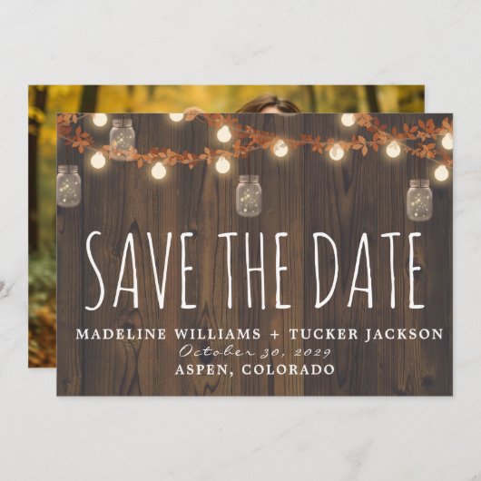 Rustieke Herfst Fairy Lights Foto Save the Date Aankondiging (Voorkant / Achterkant)