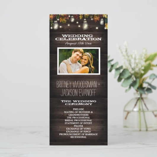 Rustieke Herfst Firefly Mason Jar Trouwprogramma's Programmakaart (Staand voorkant)