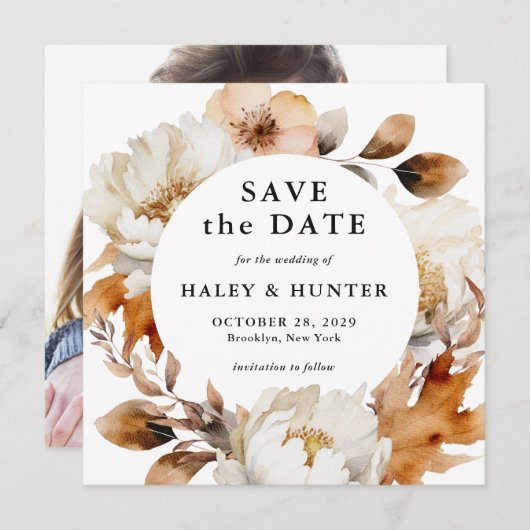 Rustieke Herfst Floral Bewaar de datum met foto Save The Date (Voorkant / Achterkant)