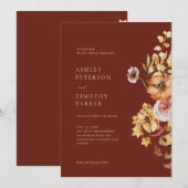 Rustieke Herfst Floral Boho Maroon Bruiloft Kaart (Voorkant / Achterkant)