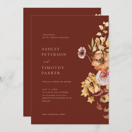 Rustieke Herfst Floral Boho Maroon Bruiloft Kaart (Voorkant / Achterkant)