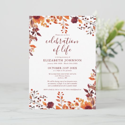 Rustieke Herfst Floral Celebration of Life Funeral Kaart (Staand voorkant)