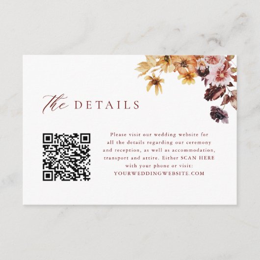 Rustieke Herfst Floral QR Code Bruiloft Details Informatiekaartje (Voorkant)