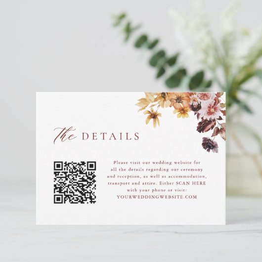 Rustieke Herfst Floral QR Code Bruiloft Details Informatiekaartje (Staand voorkant)