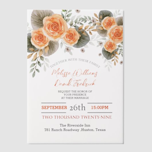 Rustieke Herfst Foliage Sinaasappel Bloemen Herfst Vellum Uitnodigingen (Voorkant)