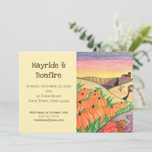 Rustieke herfst Folk Art Hayride Bonfire Party Kaart (Staand voorkant)