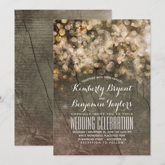 Rustieke Herfst Goud Glitter Lichten Hout Bruiloft Kaart (Voorkant / Achterkant)