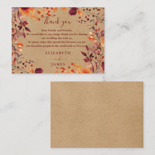 Rustieke Herfst Herfst Bloemen bruiloft Dank u Plaatskaartje (Voorkant / Achterkant)