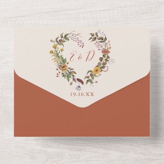 Rustieke Herfst Herfst Bloemen Hart QR Code Huweli All In One Uitnodiging (Achterkant)