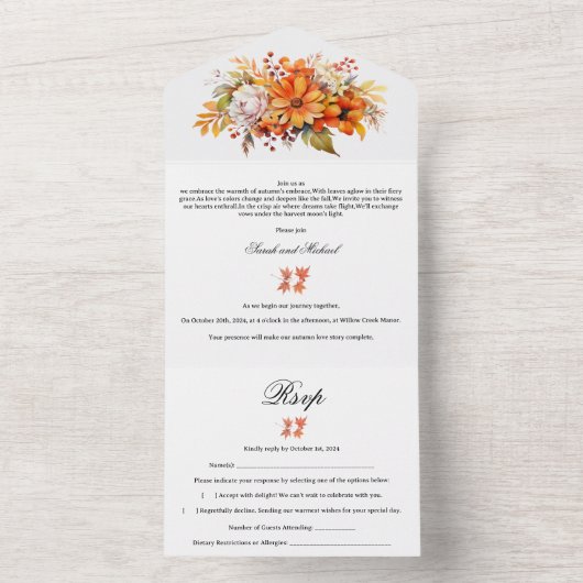 Rustieke Herfst herfst bloemenbruiloft All In One Uitnodiging (Binnen)