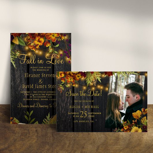 Rustieke herfst herfst bloemenhout foto bruiloft save the date