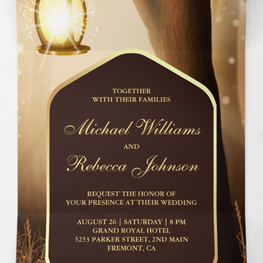 Rustieke herfst herfst boom lamp snoer lichten bru drieluik uitnodiging (Binnenkant midden)