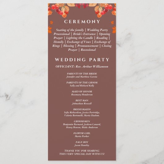 Rustieke herfst herfst bruiloft programma programmakaart (Achterkant)