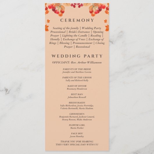 Rustieke herfst herfst bruiloft programma programmakaart (Achterkant)