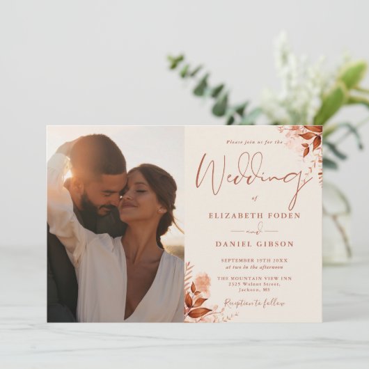 Rustieke herfst Herfst Floral foto bruiloft Kaart (Staand voorkant)