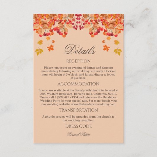 Rustieke herfst herfst herfst bruiloft details informatiekaartje (Voorkant)