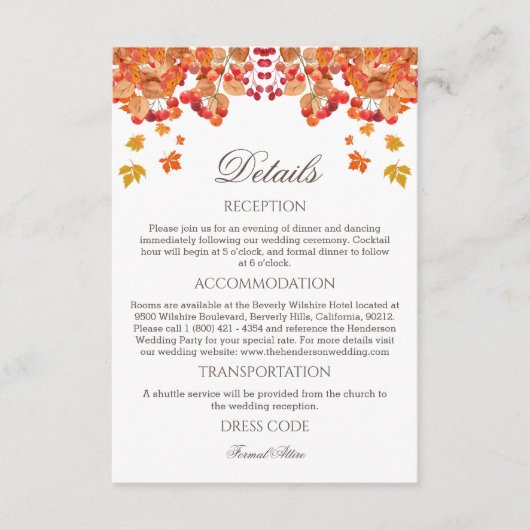 Rustieke herfst herfst herfst bruiloft details informatiekaartje (Voorkant)
