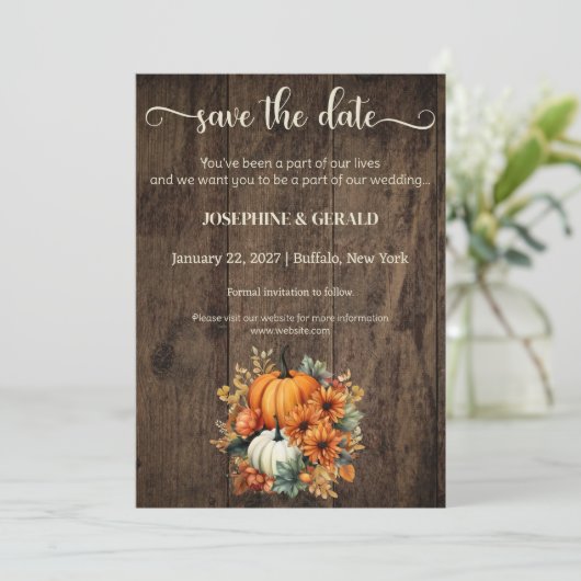 Rustieke Herfst Herfst Hout Bruiloft Save the Date Kaart (Staand voorkant)
