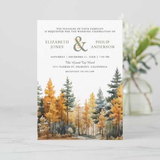 Rustieke herfst Herfst pijnbomen QR code bruiloft Kaart (Staand voorkant)