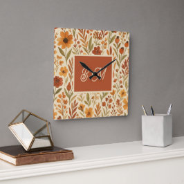 Rustieke Herfst herfst Vibes & Floral Monogram Vierkante Klok
