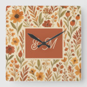 Rustieke Herfst herfst Vibes & Floral Monogram Vierkante Klok (Voorkant)