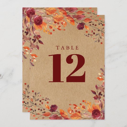 Rustieke Herfst Herfst Waterverf Bloemen Tafel Num Kaart (Voorkant / Achterkant)